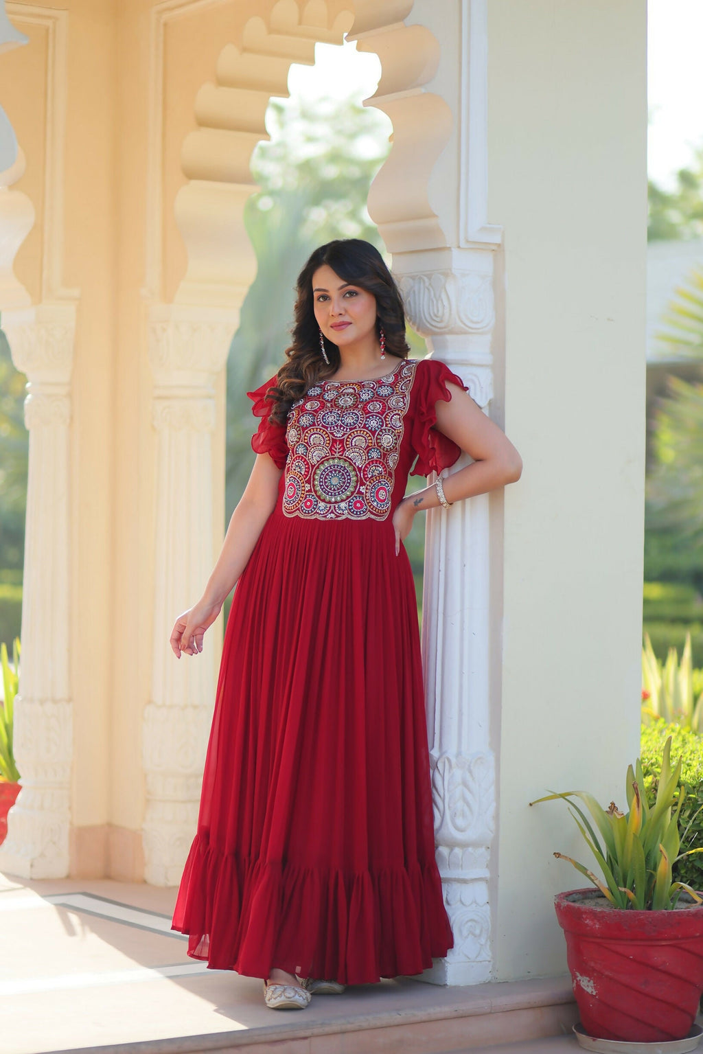 Joban Fashion Maroon Georgette Sequence Embroidery Work Gown | Grocsy