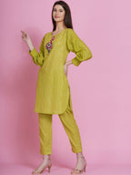 Women Republic Green Lurex Cotton Hand Embroidered Kurta With Pants | Grocsy