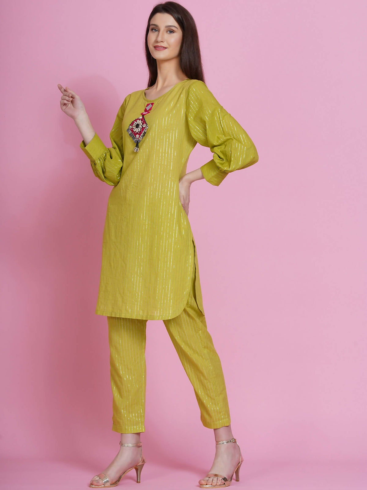 Women Republic Green Lurex Cotton Hand Embroidered Kurta With Pants | Grocsy