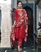 Vaasva Women's Silk Emboidered Solid Pant Set & Digital Printed Dupatta | Grocsy