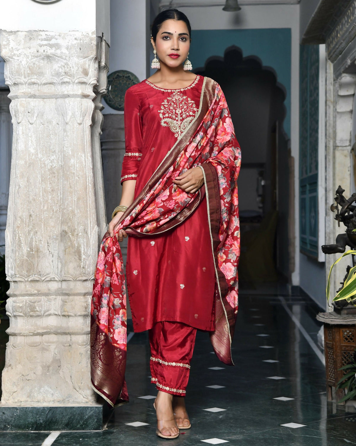 Vaasva Women's Silk Emboidered Solid Pant Set & Digital Printed Dupatta | Grocsy