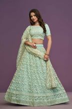 Pista Green Soft Net Thread Sequence Embroidery Work Lehenga Choli - Jihu Culture | Grocsy
