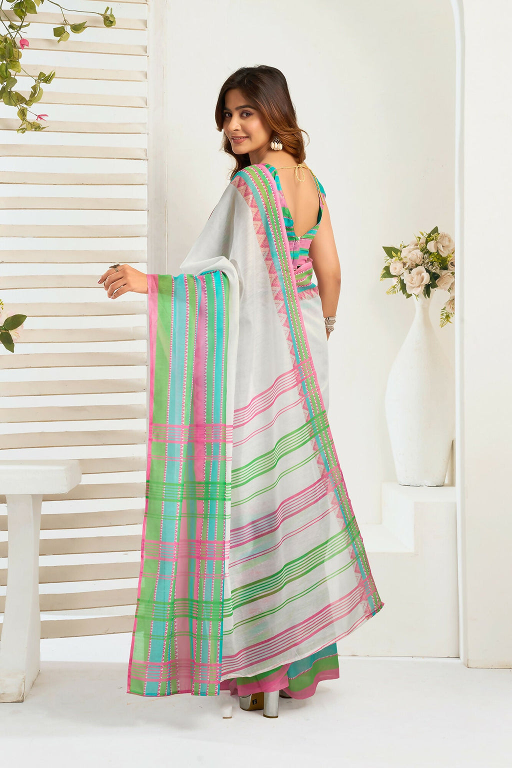Vastranavya Multicolor Digital Printed Linen Ready To Wear Designer Saree with Unstitched Blouse | Grocsy