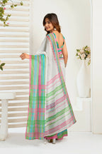 Vastranavya Multicolor Digital Printed Linen Ready To Wear Designer Saree with Unstitched Blouse | Grocsy