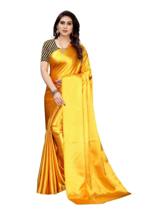 Vamika Plain Yellow Satin Saree (SATIN GLORY Yellow) | Grocsy