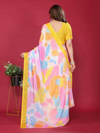 PR Fashion Yellow Moss Chiffon Printed Saree | Grocsy