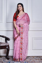 Morchari Pink Supernet Cross Embroidery Saree Unstitched Blouse | Grocsy