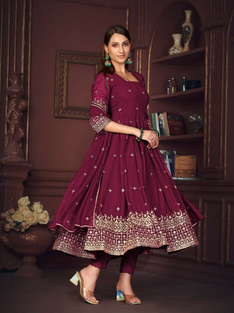 Jyoti Fashion Women's Rani Pink Georgette Embroidered Anarkali Kurta Pant Set With Dupatta | Grocsy