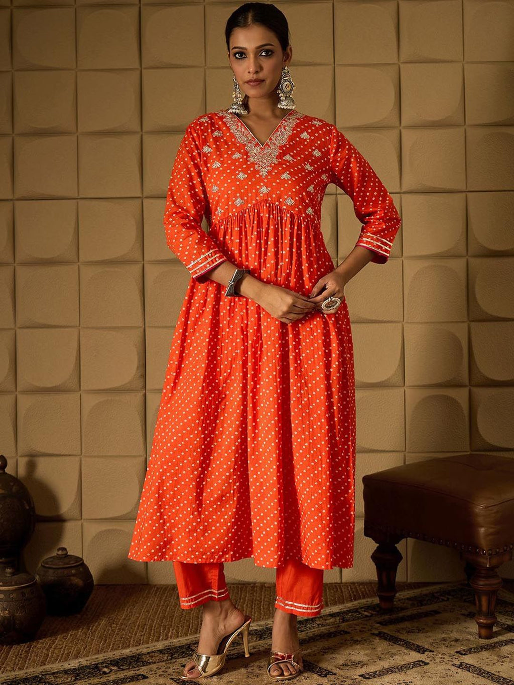 Indo Era Bandhani Embroidered Empire Sequined A-Line Pure Cotton Kurta With Trousers | Grocsy