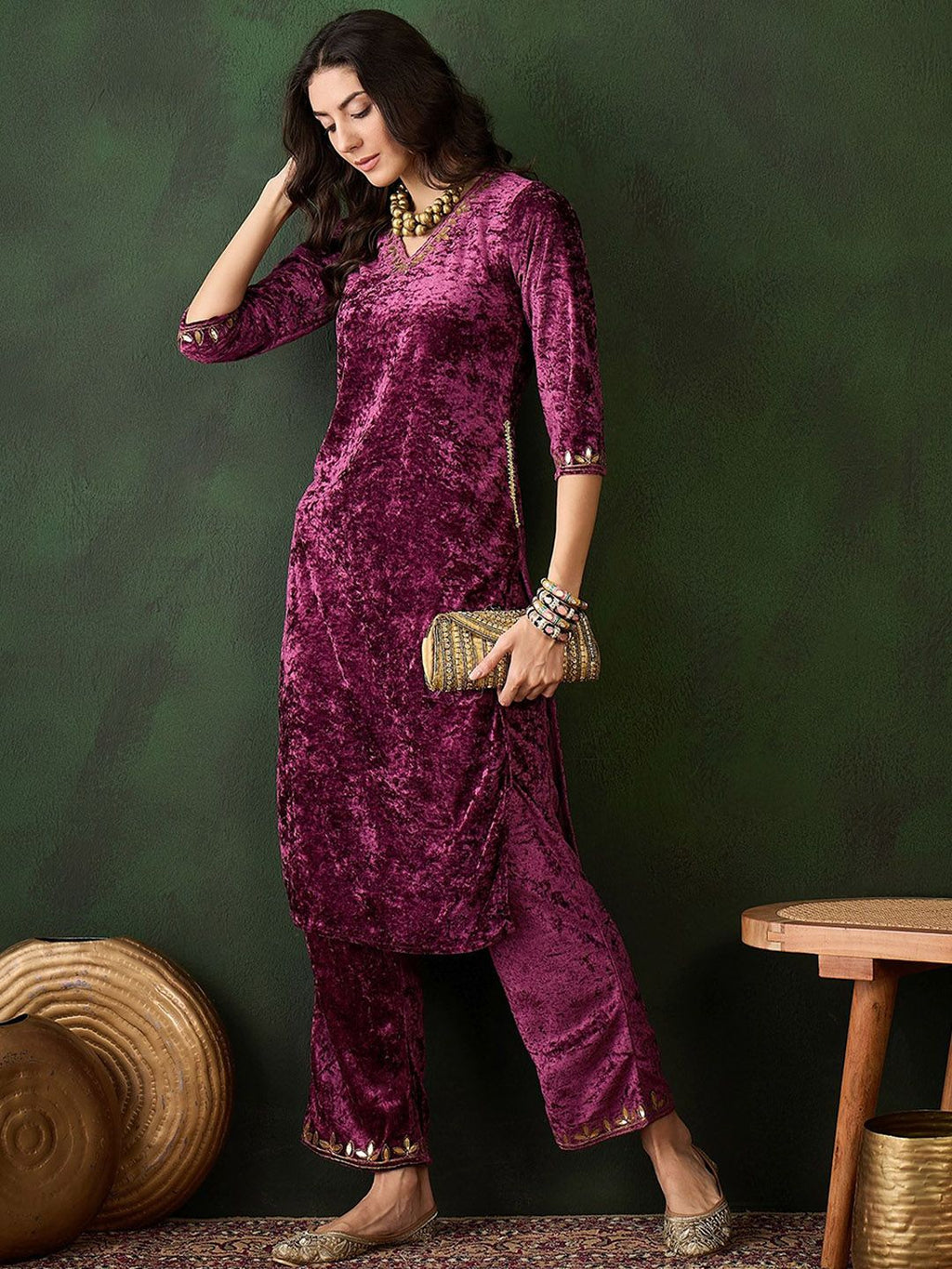 Sangria Embroidered Straight Velvet Kurta | Grocsy