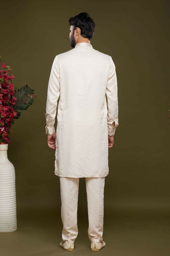 Raivat Ethnic Art Banarasi Silk Thread Work Kurta Pajama In Cream Colour | Grocsy