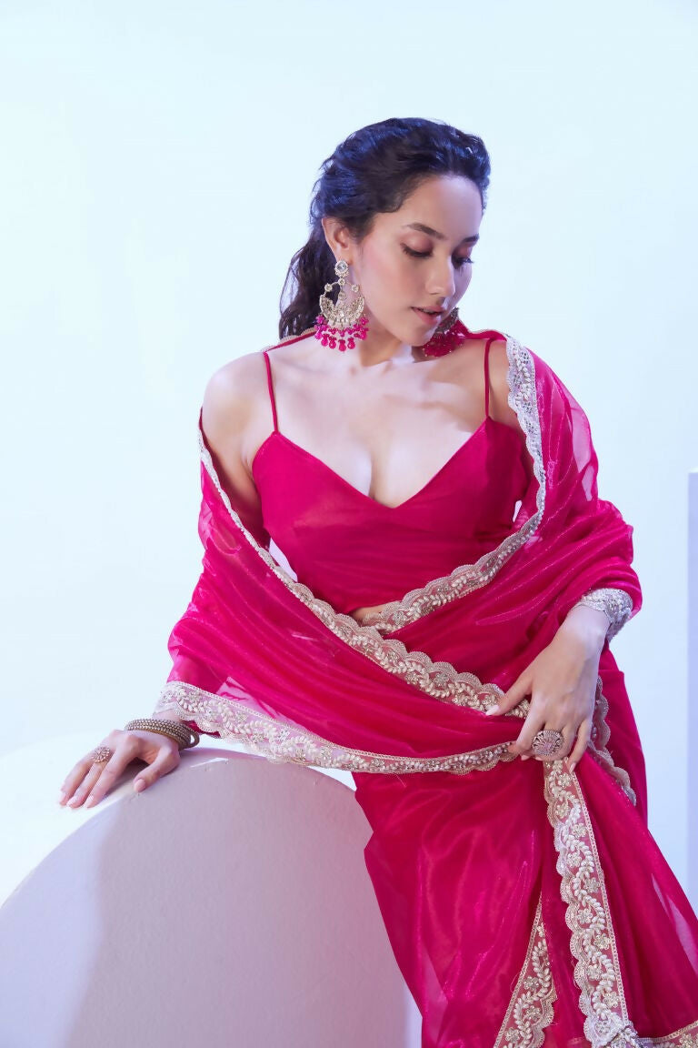 Pink C/H Net Solid Designer & Lace Work Saree - Samaa | Grocsy