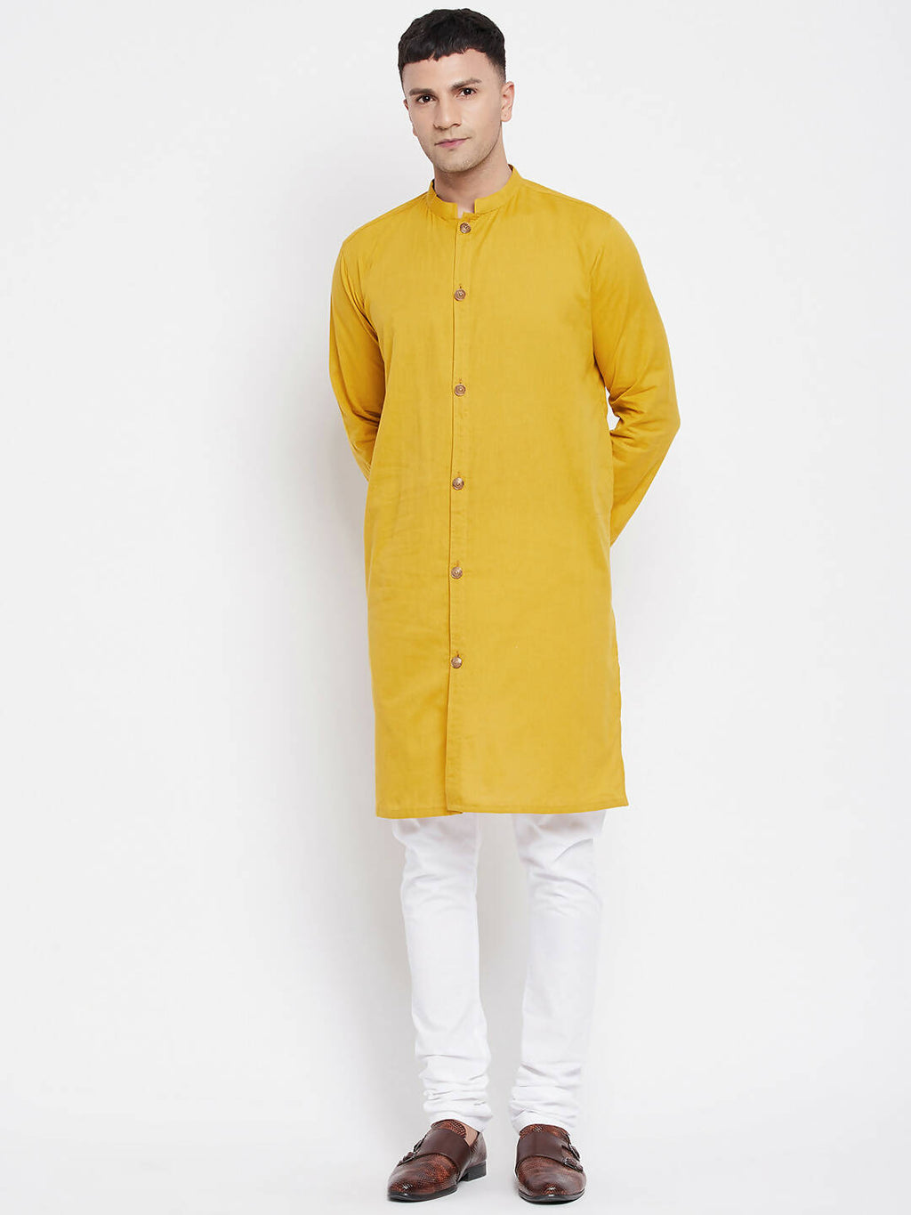 Even Apparels Yellow Pure Cotton Men's Sherwani Kurta With Open Front | Grocsy