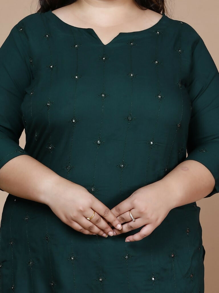 Miravan Women's Plus Size Green Embroidered Straight Kurti | Grocsy
