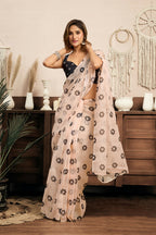 Vastranavya Cream Digital Printed Linen Ready To Wear Designer Saree with Unstitched Blouse | Grocsy