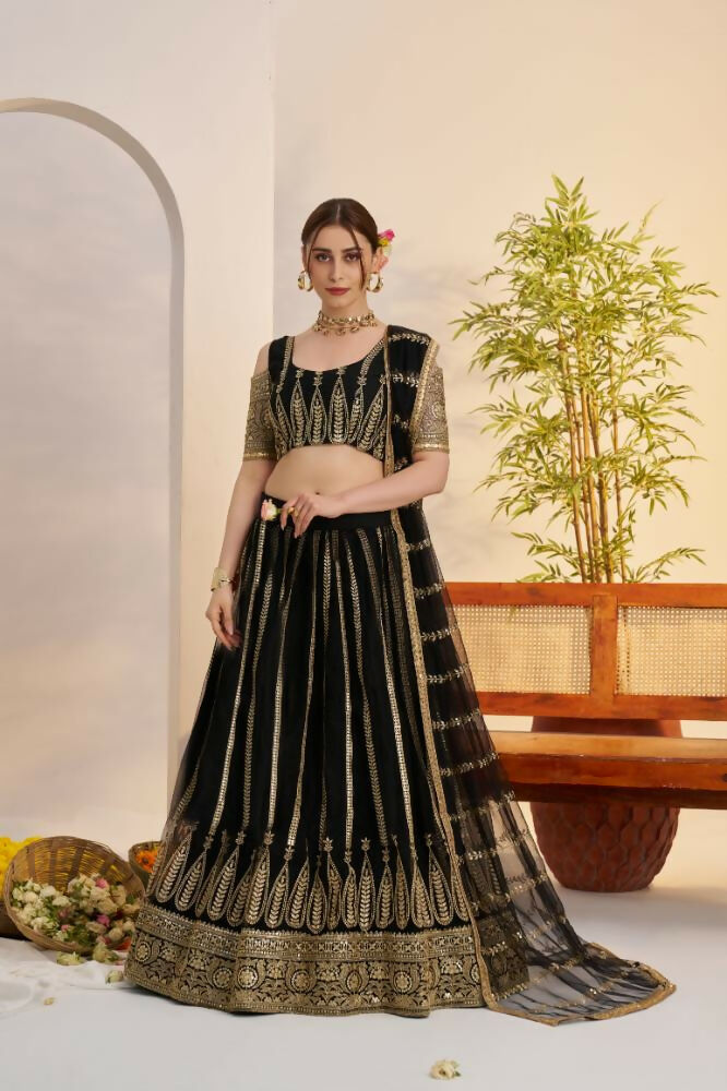 Aastha Fashion Black Butterfly Net Zari Work And Cotton Thread Work And Sequence Work Embroidery Wedding Wear Lehenga Choli | Grocsy