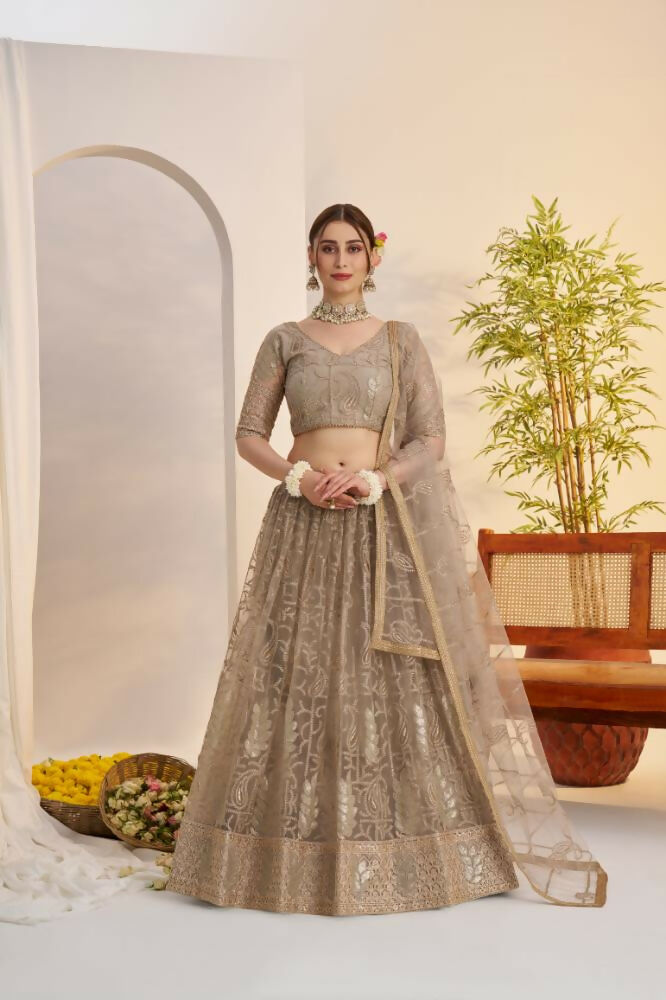 Aastha Fashion Metallic Gray Butterfly Net Tone To Tone Cotton Thread Work And Sequence Work Embroidery Wedding Wear Lehenga Choli | Grocsy