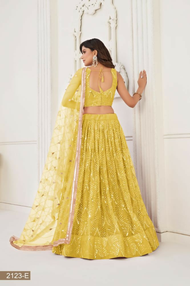 Aastha Fashion Yellow Butterfly Net Tone To Tone Thread Work, Sequence Work And Original Mirror Work Embroidery Wedding Wear Lehenga Choli | Grocsy