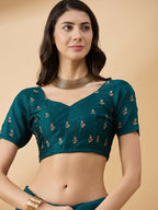 Teal Silk Blend Embroidered Saree with Unstitched Blouse - Vairagi | Grocsy