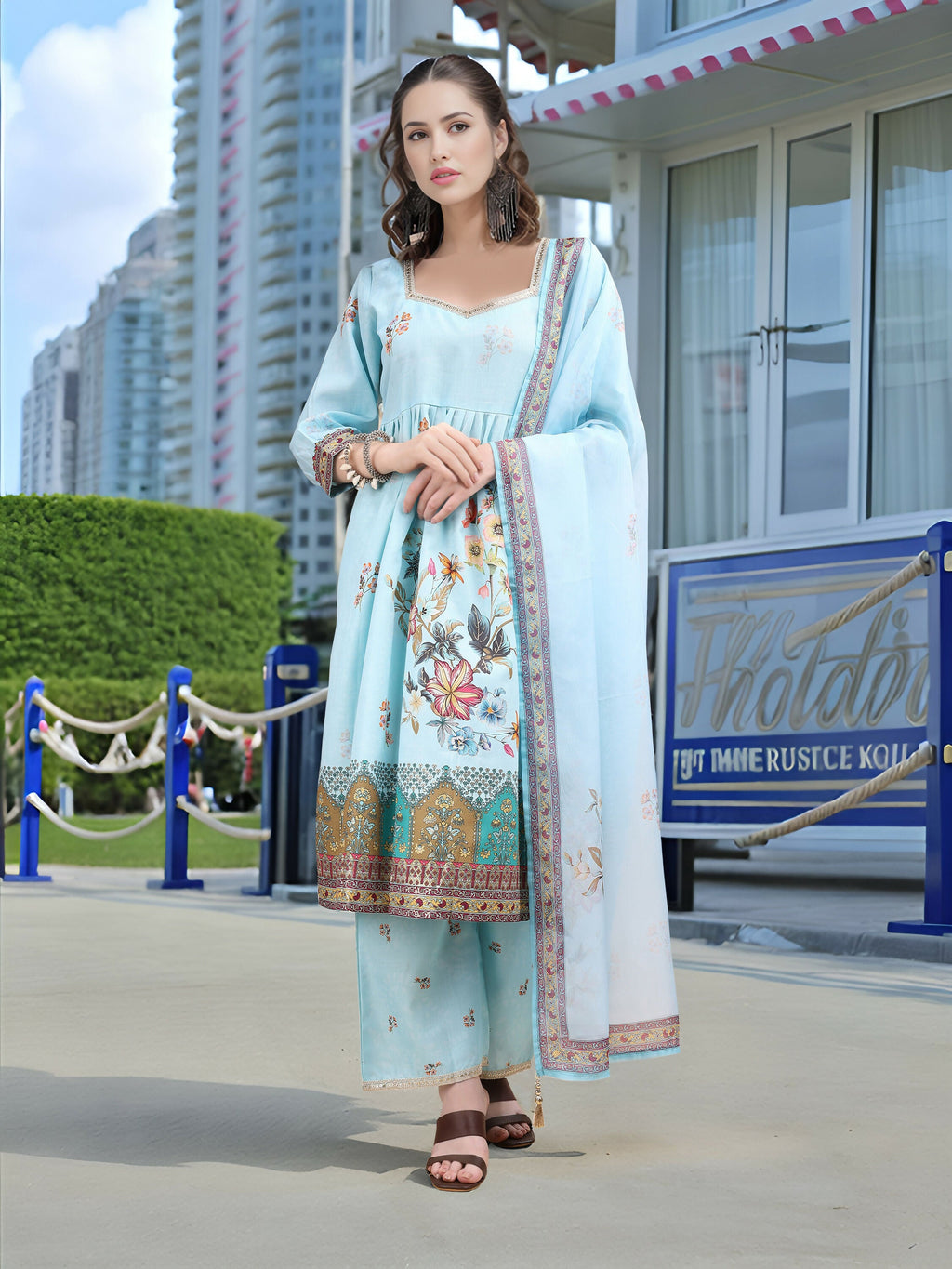 Joban Fashion Sky Blue Positive Digital Print With Position Foil Kurta Set | Grocsy