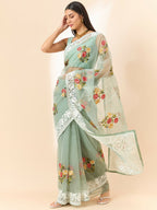 Green Organza Floral Embroidered Saree with Unstitched Blouse Piece - Roozal | Grocsy