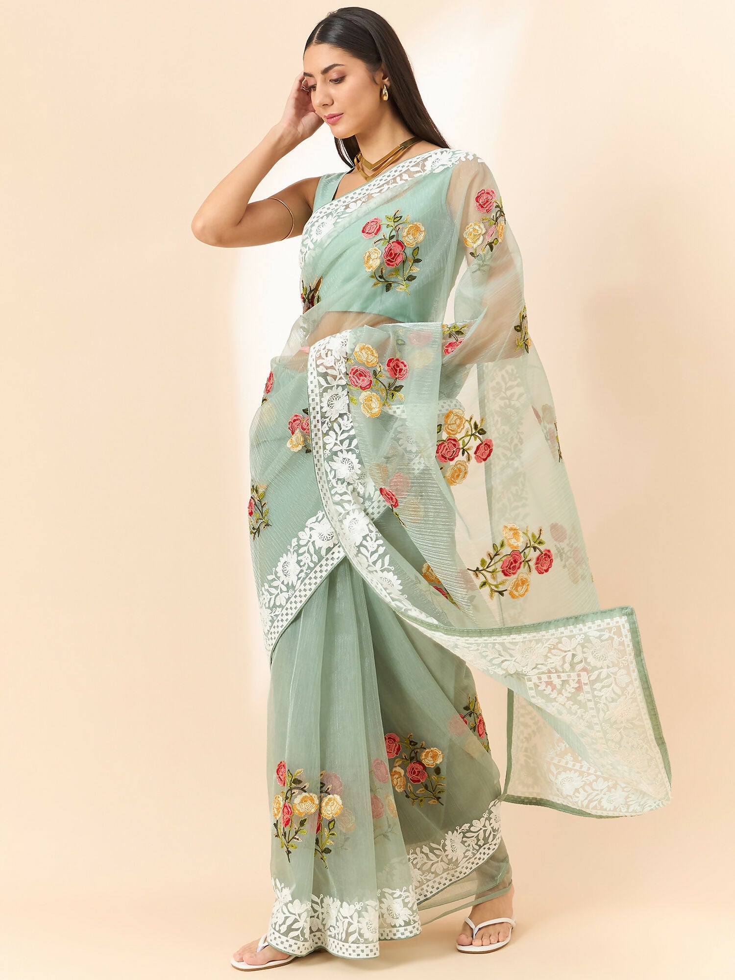 Green Organza Floral Embroidered Saree with Unstitched Blouse Piece - Roozal | Grocsy