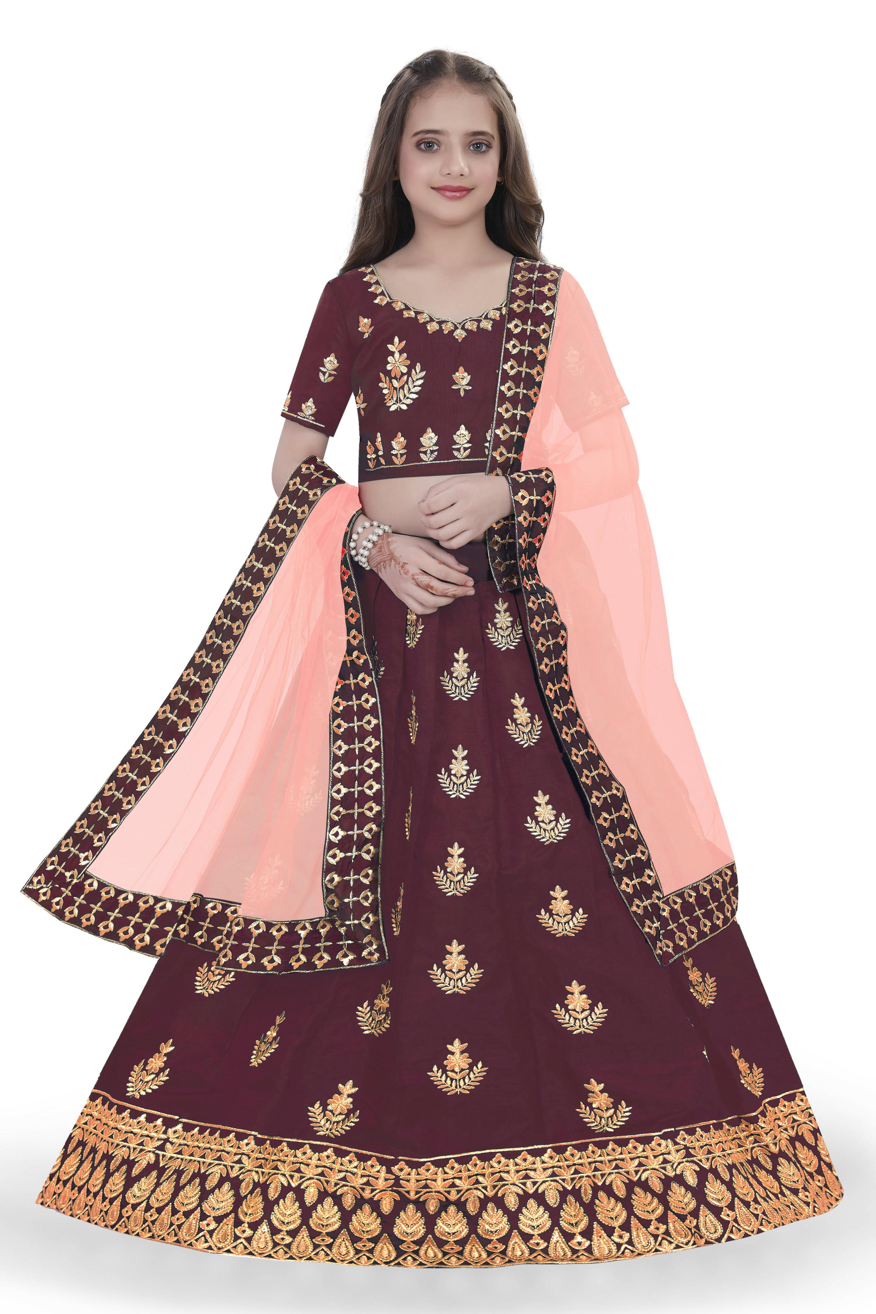 Dwiden Maroon Kamal Tafetta Sattin Semi-Stitched Girl's Lehenga Choli | Grocsy