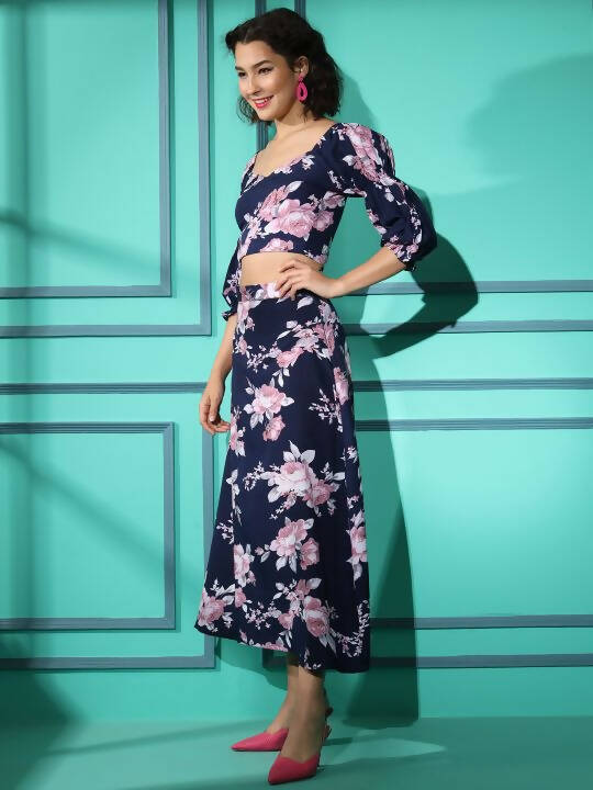 Blue Crepe Floral Printed Top with Matching Skirt - Shivani | Grocsy