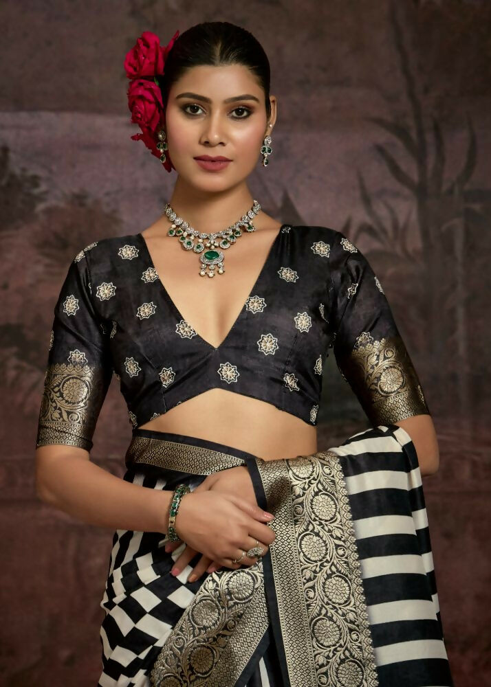 Joban Fashion Black Dola Tussar Silk Self Jacquard Border Saree | Grocsy