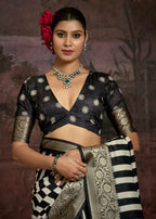 Joban Fashion Black Dola Tussar Silk Self Jacquard Border Saree | Grocsy