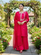 The52 Women's Gorgeous Embroidery Work Viscose Silk Fabric Straight Kurta Palazzo and Dupatta Set-Red | Grocsy