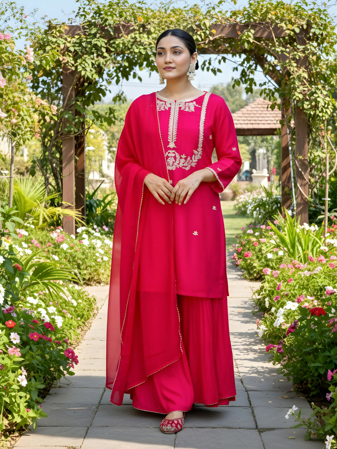 The52 Women's Gorgeous Embroidery Work Viscose Silk Fabric Straight Kurta Palazzo and Dupatta Set-Red | Grocsy