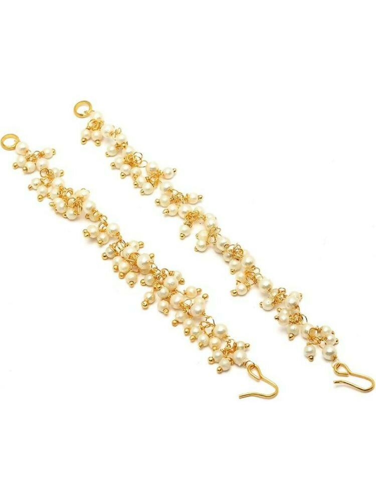 NVR Women Gold-Polished Pearls Studded Classic Layered Ear Chain Earrings | Grocsy