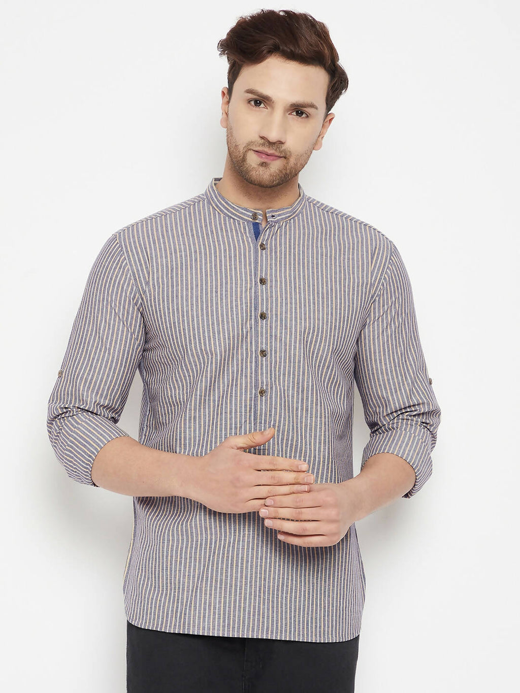 Even Apparels Grey Color Pure Cotton Short Men's Kurta With Band Collar | Grocsy