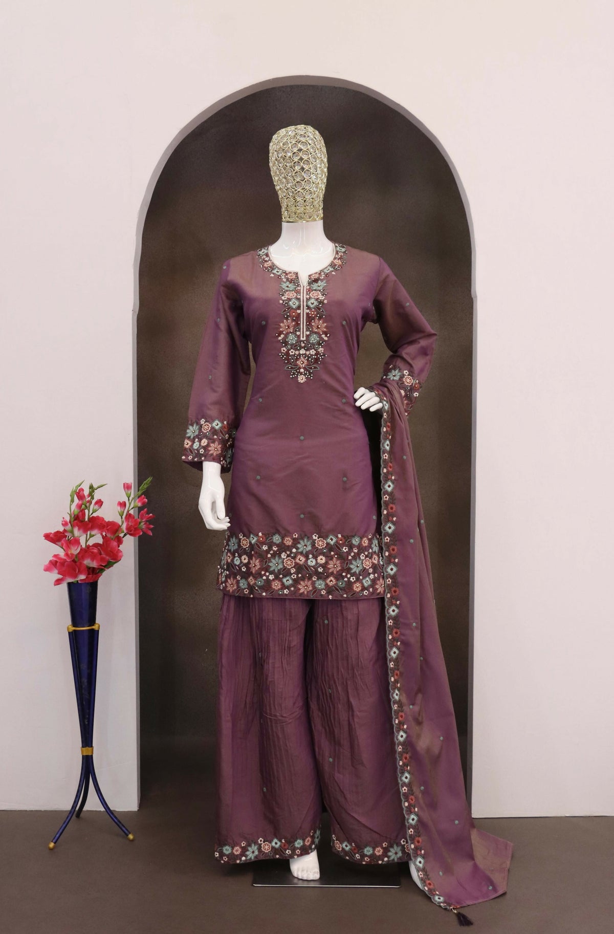 Anaita Wine Simar with Embroidery Multi & Zarkhan Work Readymade Palazzo suit | Grocsy