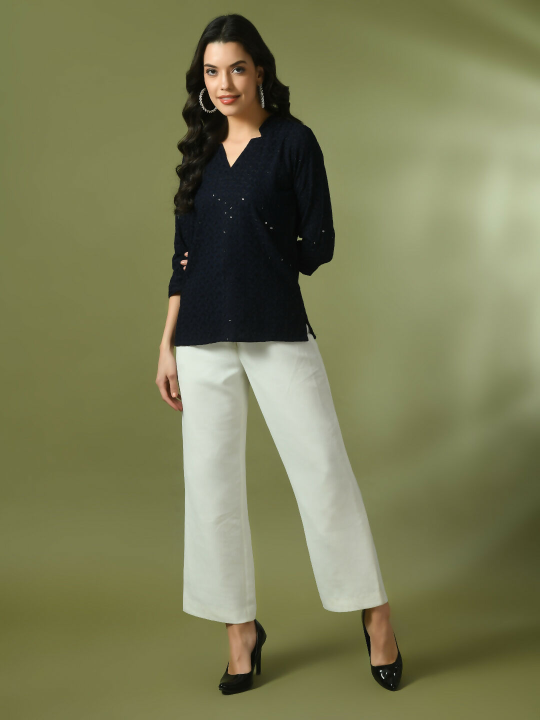 Myshka Women's Navy Blue Embellished Cotton Regular Party Tunic | Grocsy