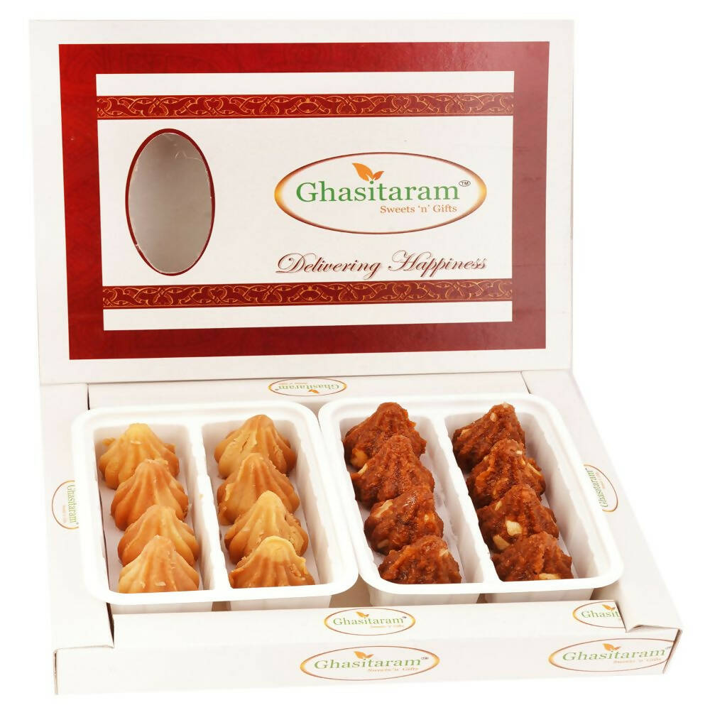 Ghasitaram White Box of Dodha Barfi and Mysore Pak Modaks | Grocsy