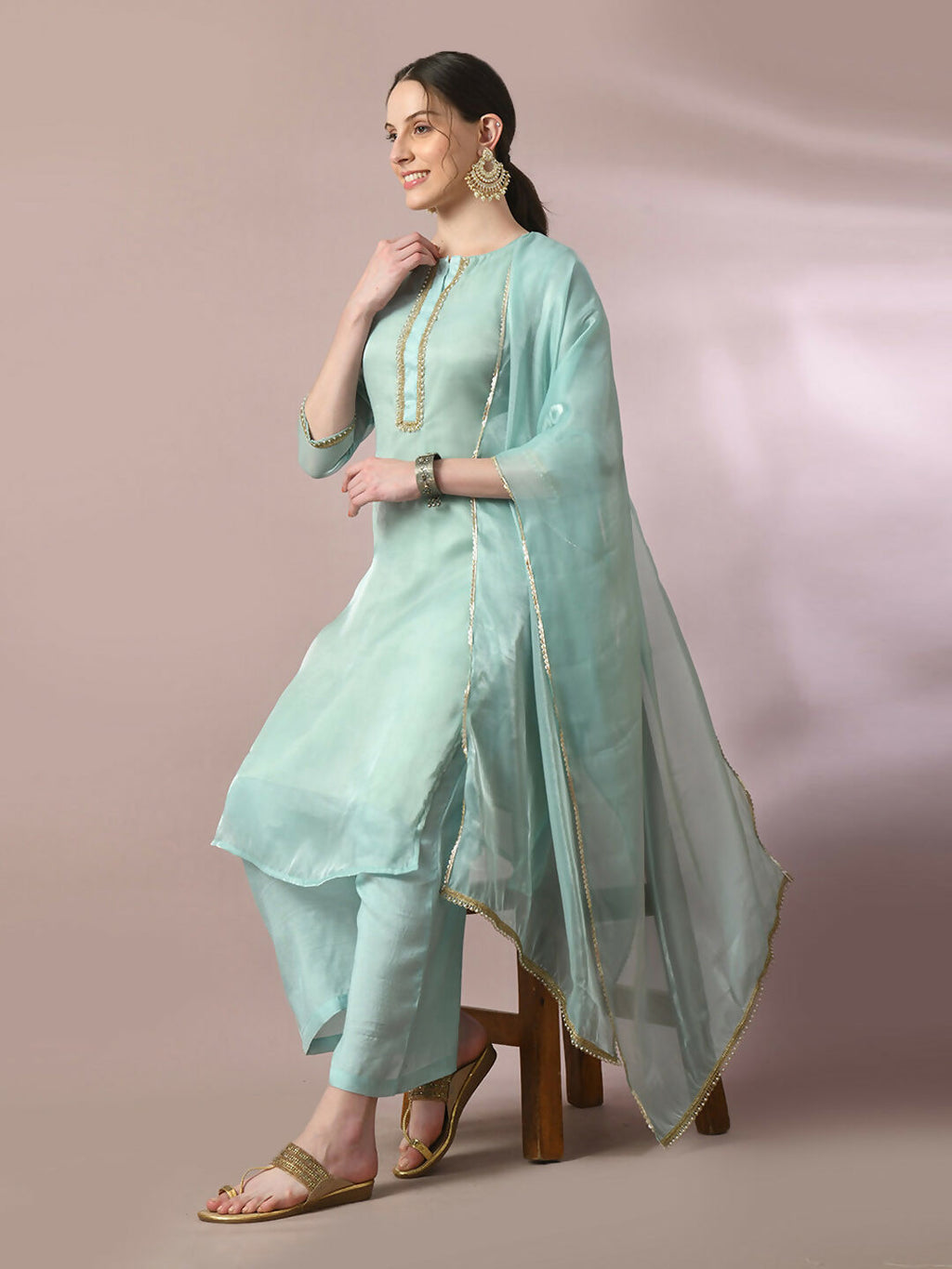 Myshka Women's Sea Green Solid Straight Party Kurta Set With Dupatta | Grocsy
