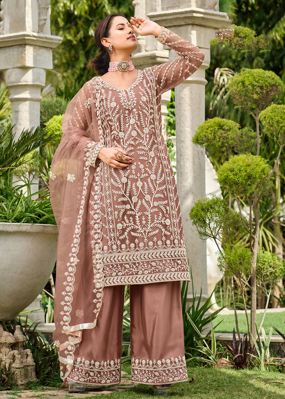 Copper Brown Stone & Cording Work Festive Palazzo Suit - Emponline | Grocsy