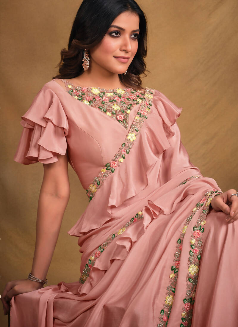 Pink Crepe Georgette Silk Designer Saree with Unstitched Blouse - Norita Mahitha | Grocsy