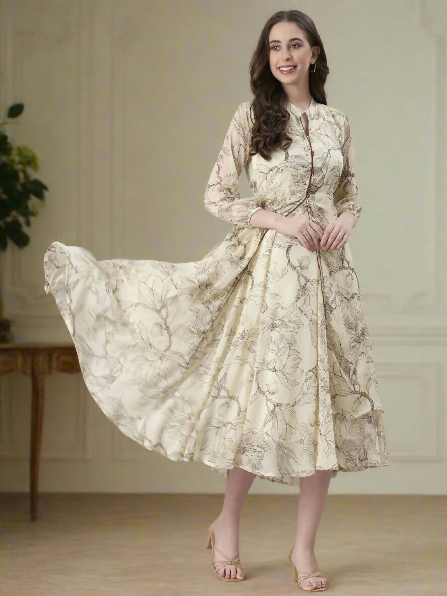 Souchii Floral Tiered Midi Dress For Women – Elegant Beige Button-Front A-Line | Grocsy