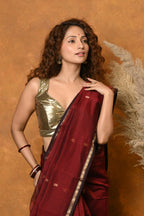 Very Much Indian Handloom Pure Cotton Silk Saree With Sleek Golden Border - Maroon | Grocsy