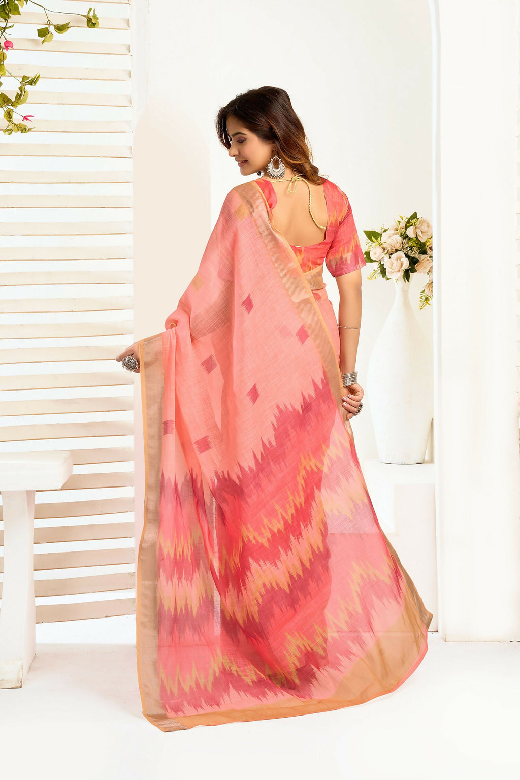 Joban Fashion Peach Ikkat Linen Ready To Wear Saree With Unstitched Blouse | Grocsy