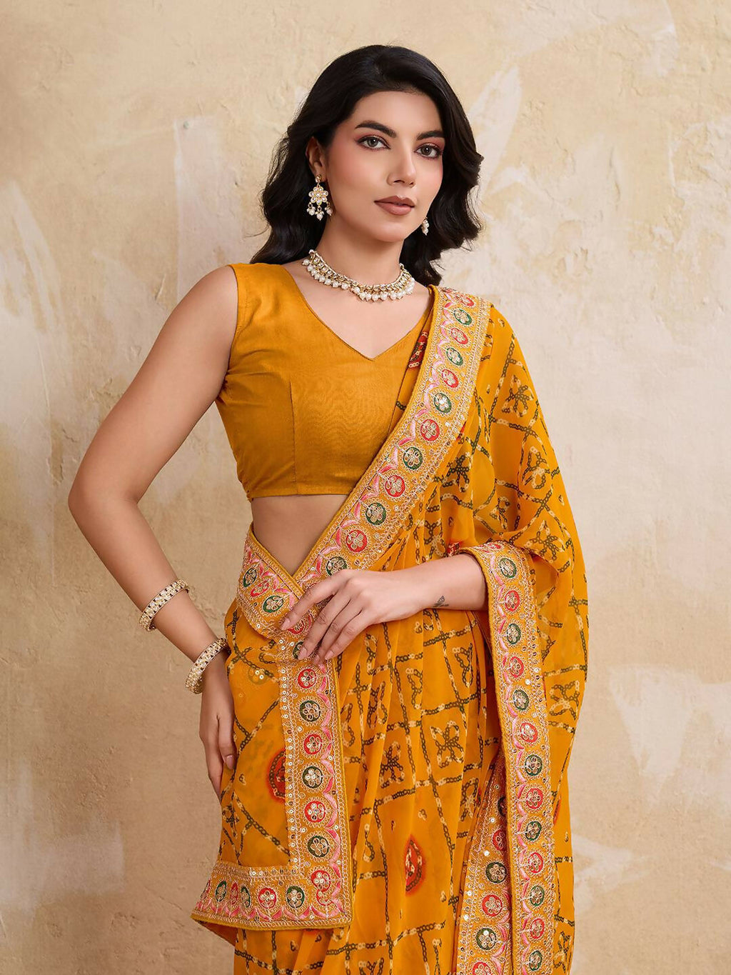 Teeya Creation Womens Stylish Simply Wedding Wear Georgette Saree-Yellow | Grocsy