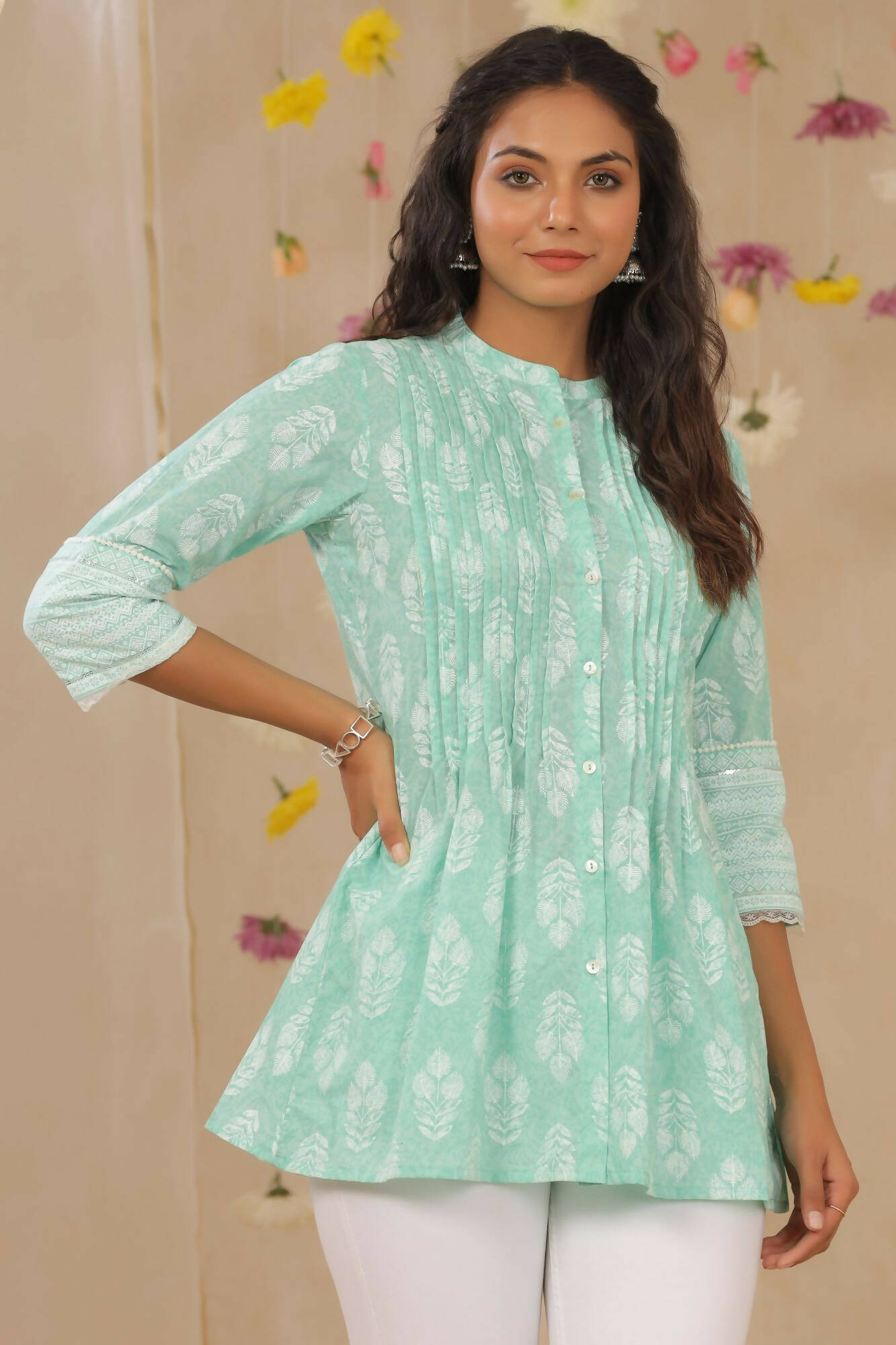 Juniper Women Mint Cambric Printed A-Line Tunic | Grocsy