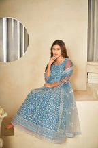 Jyoti Fashion Women's Sky Blue Net Embroidered Anarkali Kurta Pant Set With Dupatta | Grocsy