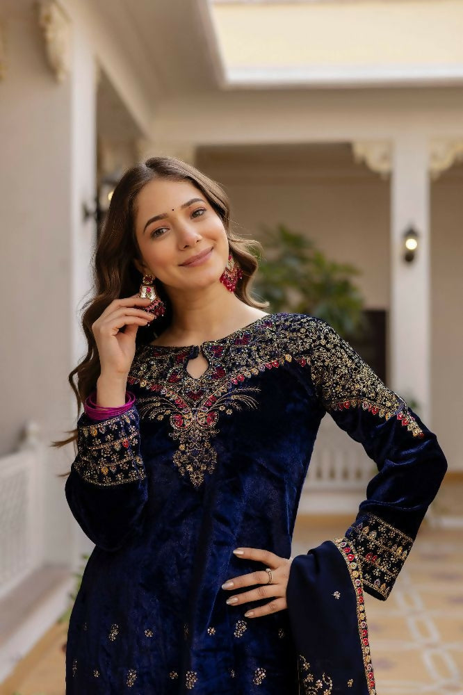 Teeya Creation Blue Color Pure Velvet Embroidery Work Wedding Wear Salwar Suit | Grocsy