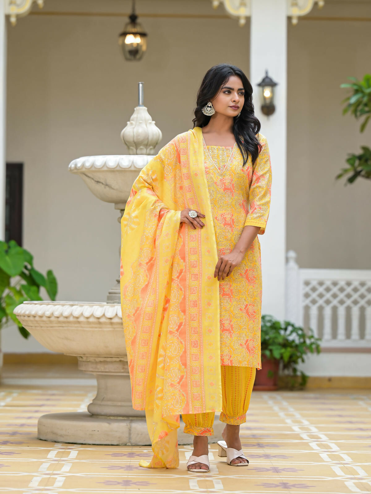 Juniper Women's Yellow Ethnic Motif Printed Cotton Kurta Pant With Dupatta Set With Sequins & Lace | Grocsy