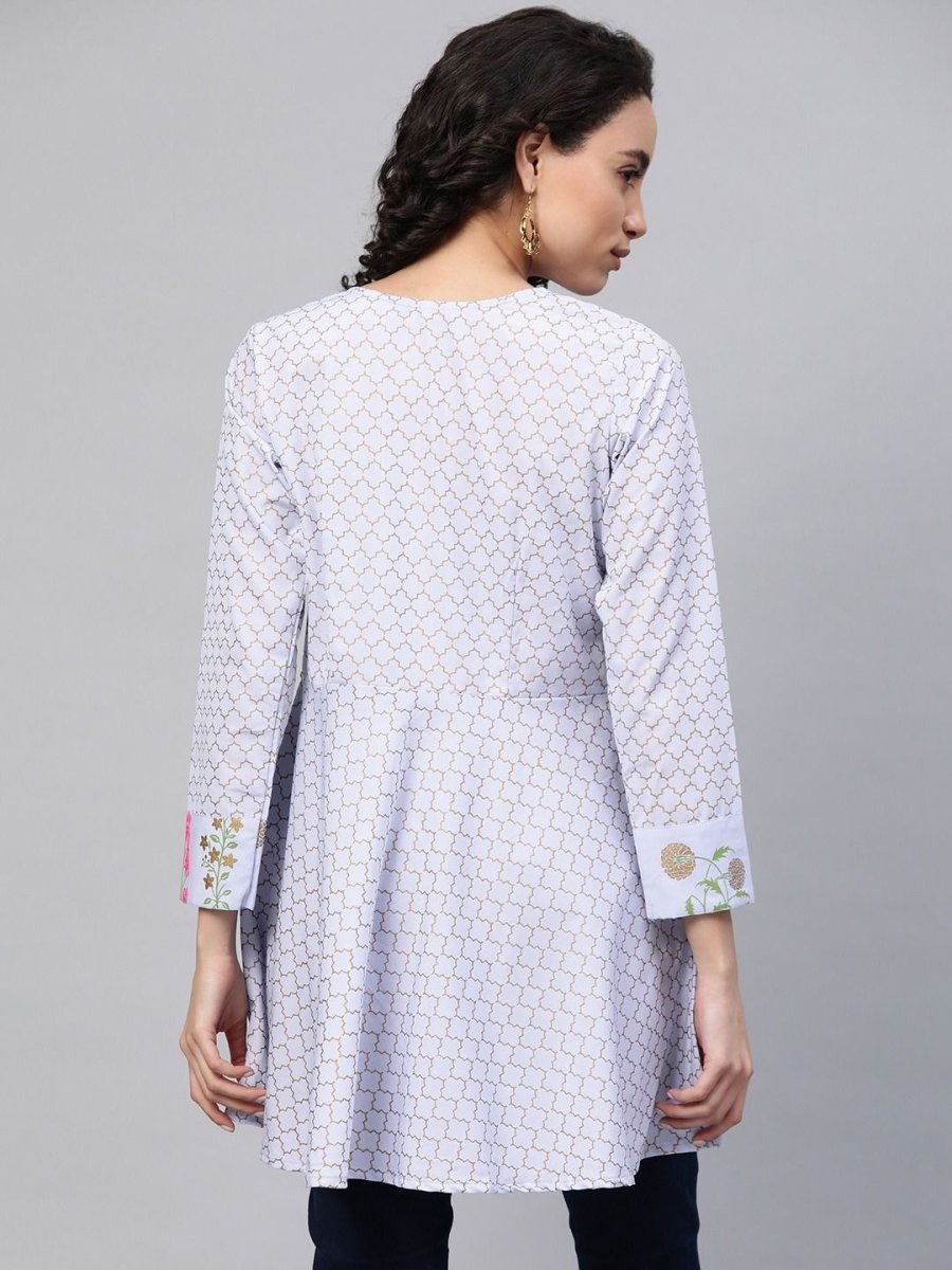 Ahalyaa Women Blue Crepe Pink & Gold Ethnic Print Angrakha Tunic | Grocsy