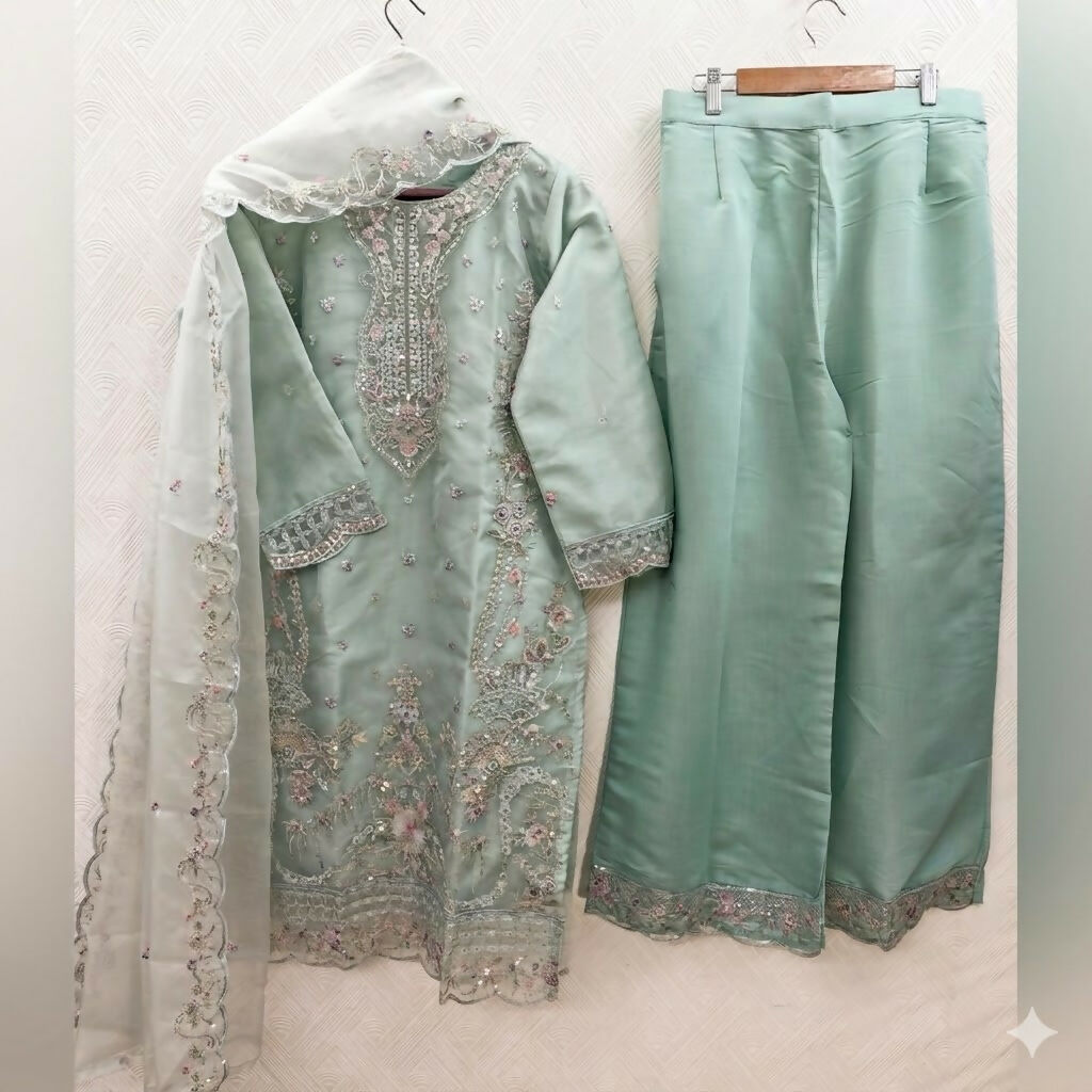 Teeya Creation Womens New Trendy Silk With Heavy Embroiedery With Sequence Work Sky-Blue Kurta Set | Grocsy